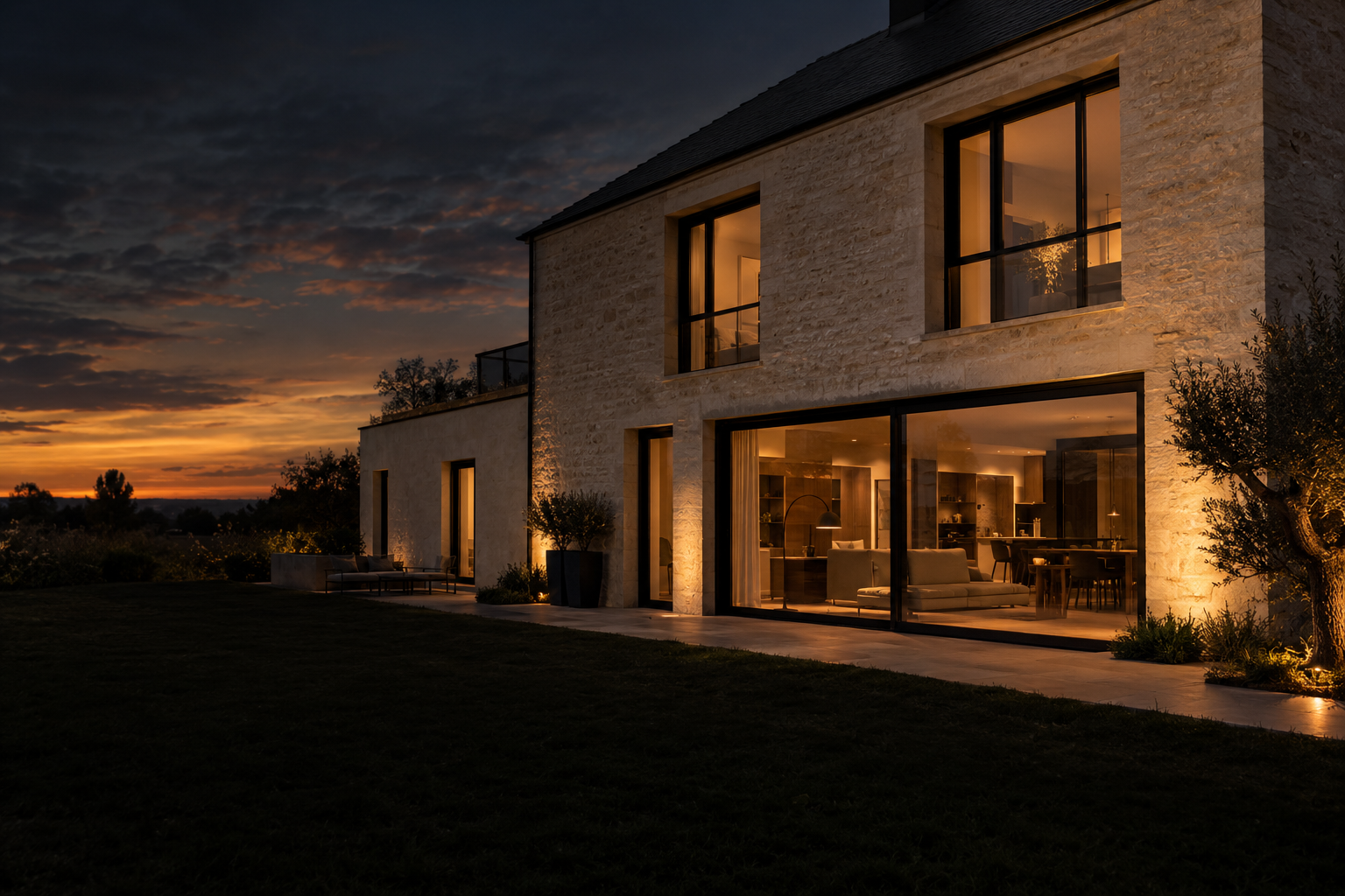 Maison contemporaine au coucher du soleil, grandes baies vitrées