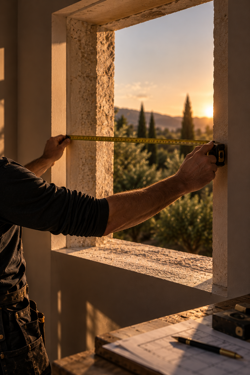 Mains d’artisan mesurant un châssis de fenêtre